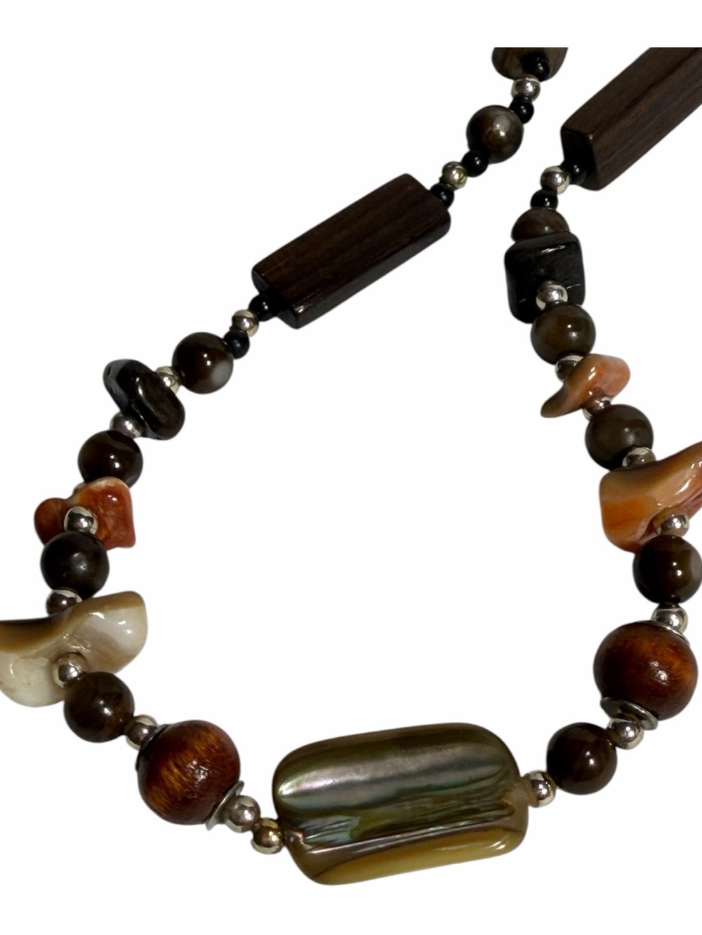 Earthy Woodsy Dark Autumn Abalone Shell & Wood Beaded Necklace Natural Boho